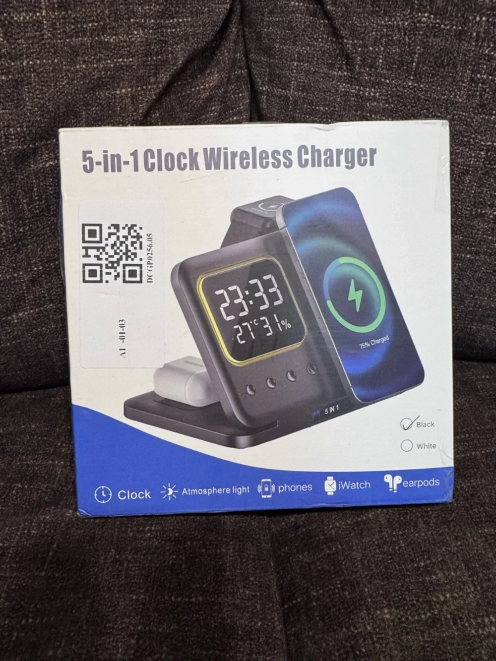 5-in-1 Clock Wireless Charger for Phones Watch Earbuds Atmosphere Light Black